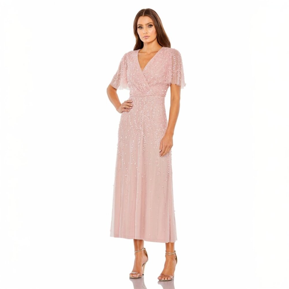 NWT $598 Size 6 Mac Duggal Beaded Butterfly Sleeve Dress - Rose